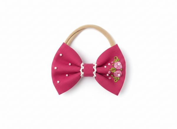 Pearl and Thread Embroidery Bow Clip- Pink