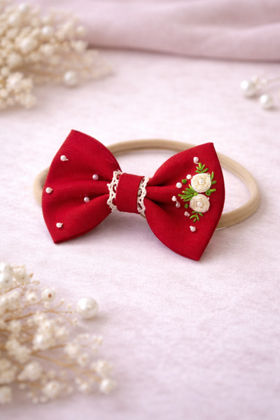 Pearl and Thread Embroidery Bow Clip- Red