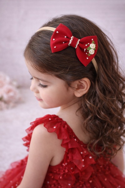 Pearl and Thread Embroidery Bow Clip- Red
