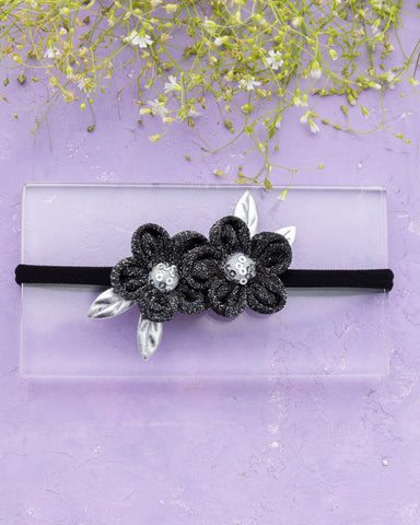 Ethnic Two Flower Glitter Headband- Black