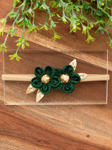 Ethnic Two Flower Glitter Headband- Dark Green