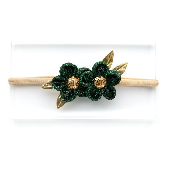 Ethnic Two Flower Glitter Headband- Dark Green