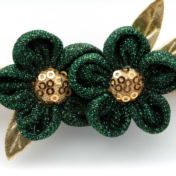 Ethnic Two Flower Glitter Headband- Dark Green
