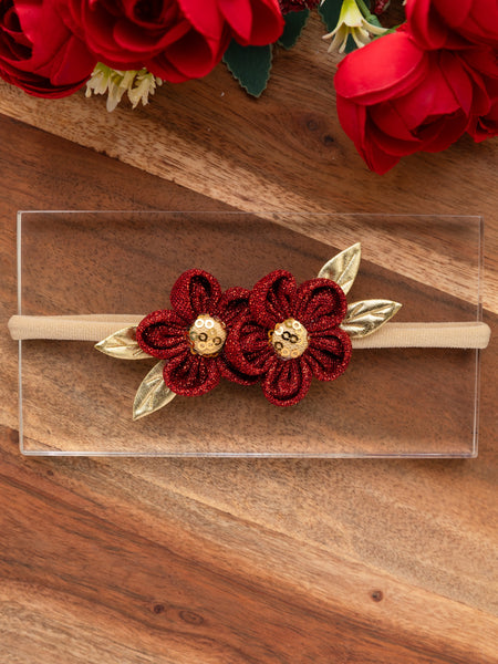 Ethnic Two Flower Glitter Headband- Red