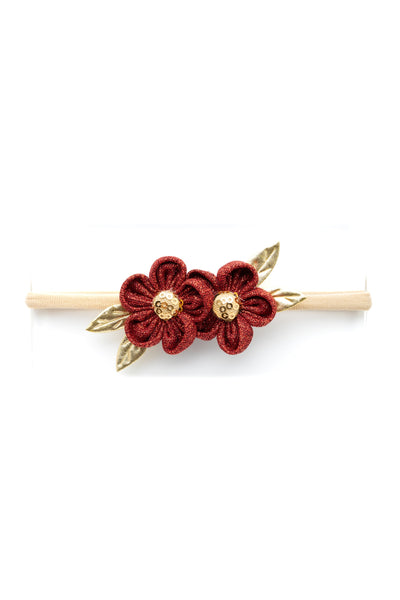 Ethnic Two Flower Glitter Headband- Red