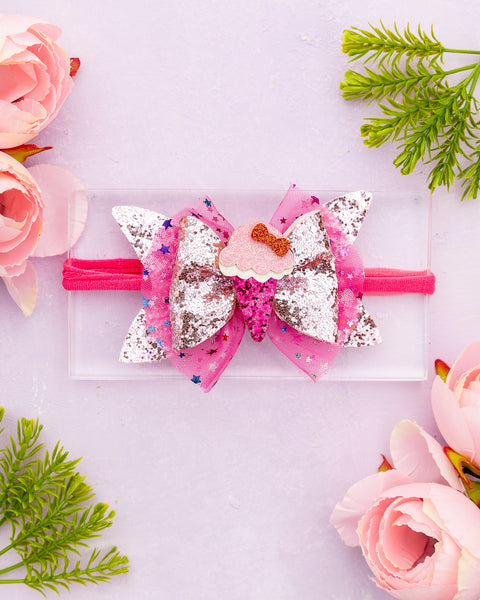 Newborn Glitter Bow Alligator Headband with Ice Cream Applique- Pink