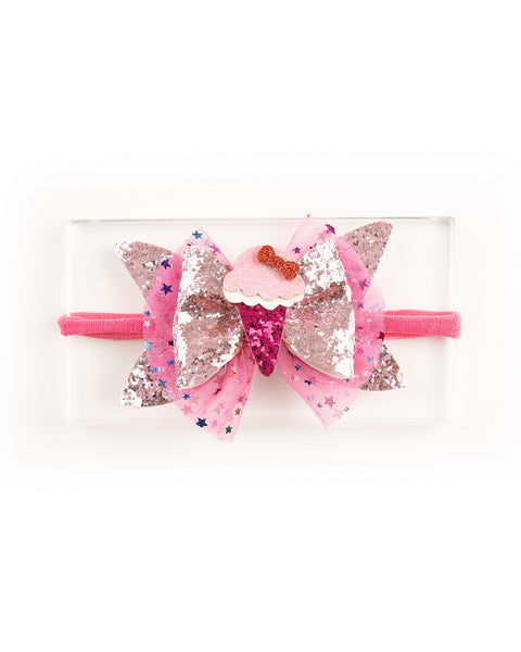 Newborn Glitter Bow Alligator Headband with Ice Cream Applique- Pink