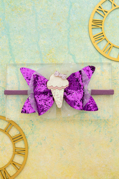 Glitter Bow Alligator Headband with Ice Cream Applique- Purple
