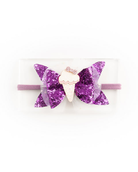 Glitter Bow Alligator Headband with Ice Cream Applique- Purple