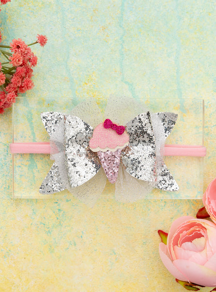 Newborn Glitter Bow Alligator Headband with Ice Cream Applique- Silver