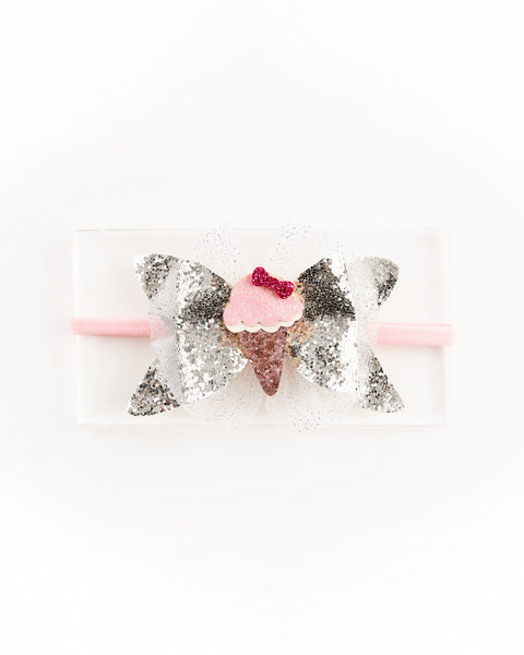 Newborn Glitter Bow Alligator Headband with Ice Cream Applique- Silver
