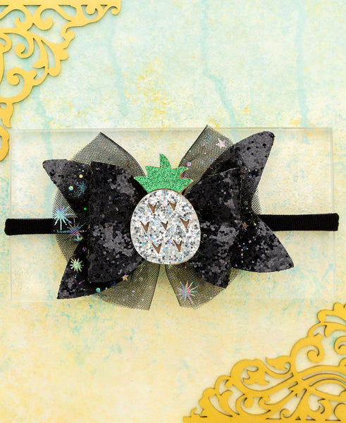 Newborn Glitter Bow Alligator Headband with Pineapple Applique- Black