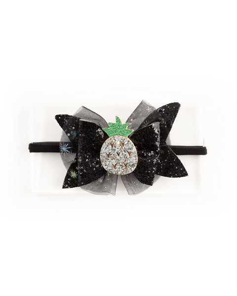 Newborn Glitter Bow Alligator Headband with Pineapple Applique- Black