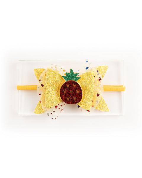 Newborn Glitter Bow Alligator Headband with Pineapple Applique- Yellow