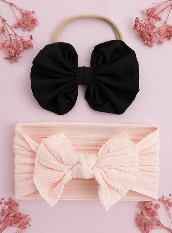Over Sized Bow Headband & Head Wrap Set- Black & Light Pink