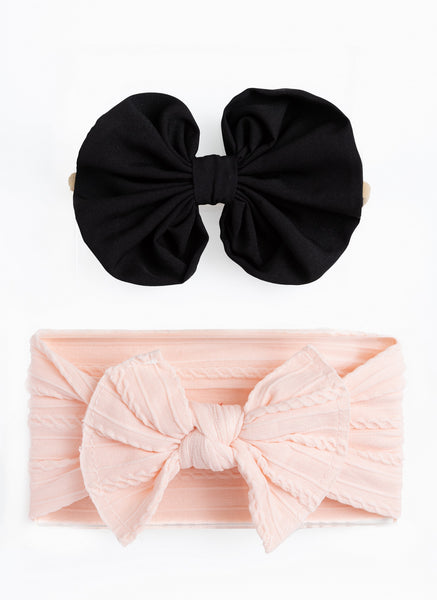 Over Sized Bow Headband & Head Wrap Set- Black & Light Pink