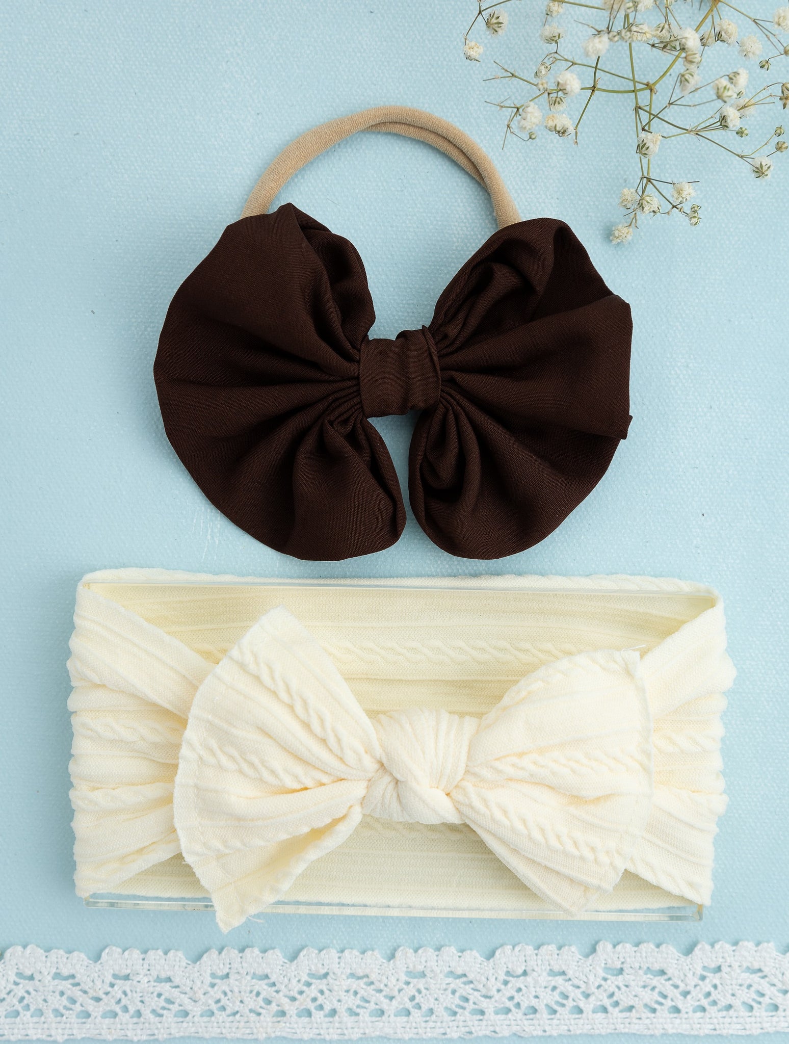 Over Sized Bow Headband & Head Wrap Set- Dark Brown & Off White