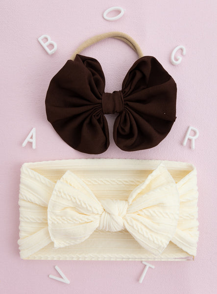 Over Sized Bow Headband & Head Wrap Set- Dark Brown & Off White