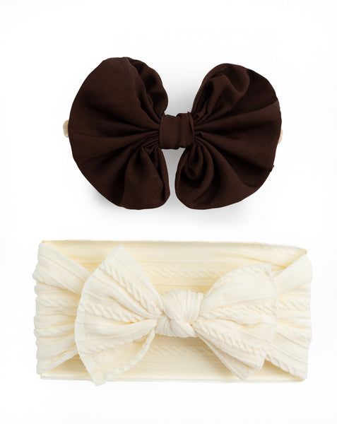 Over Sized Bow Headband & Head Wrap Set- Dark Brown & Off White