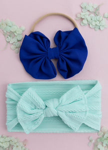 Over Sized Bow Headband & Head Wrap Set- Dark Blue & Sea Green