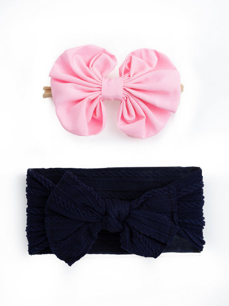 Over Sized Bow Headband & Head Wrap Set-  Light Pink & Dark Blue