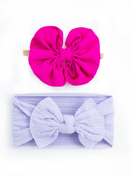 Over Sized Bow Headband & Head Wrap Set- Neon Pink & Lavender