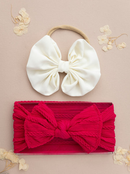 Over Sized Bow Headband & Head Wrap Set-  Off White & Dark Pink