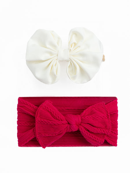 Over Sized Bow Headband & Head Wrap Set-  Off White & Dark Pink