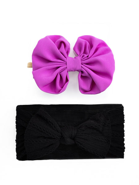 Over Sized Bow Headband & Head Wrap Set-  Purple & Black