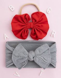 Over Sized Bow Headband & Head Wrap Set- Red & Gray