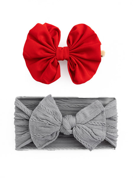 Over Sized Bow Headband & Head Wrap Set- Red & Gray