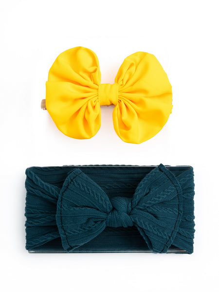 Over Sized Bow Headband & Head Wrap Set- Yellow & Dark Green
