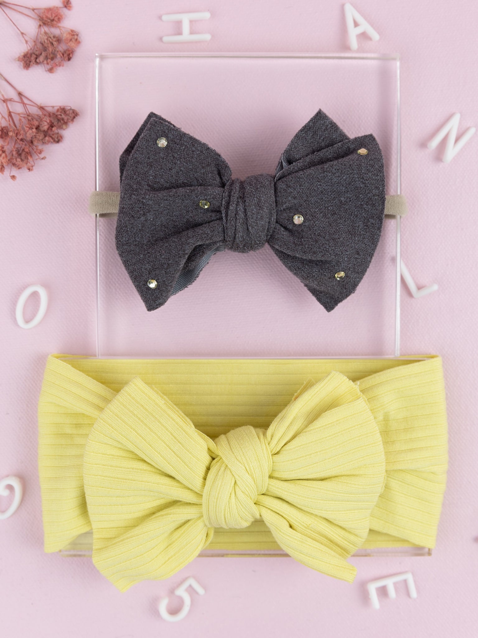 Girls Faux Suede Oversized Bow Headband & Headwrap Set-  Gray & Light Yellow