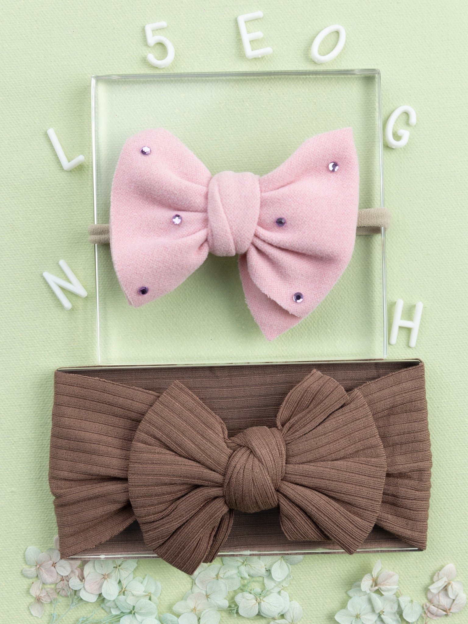 Girls Faux Suede Oversized Bow Headband & Headwrap Set- Light Pink & Brown