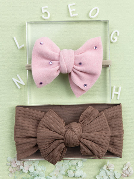 Girls Faux Suede Oversized Bow Headband & Headwrap Set- Light Pink & Brown