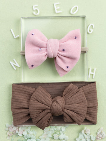Girls Faux Suede Oversized Bow Headband & Headwrap Set- Light Pink & Brown