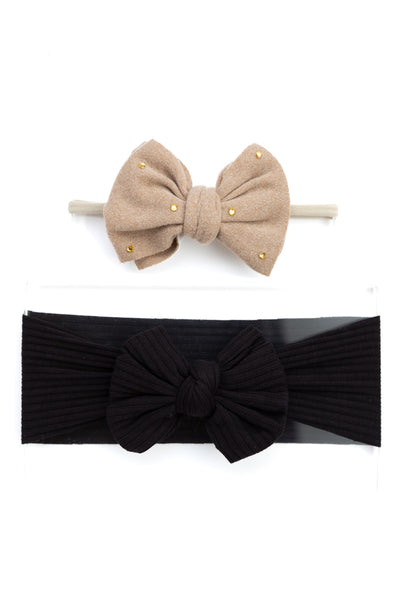 Girls Faux Suede Oversized Bow Headband & Headwrap Set- Nude & Black