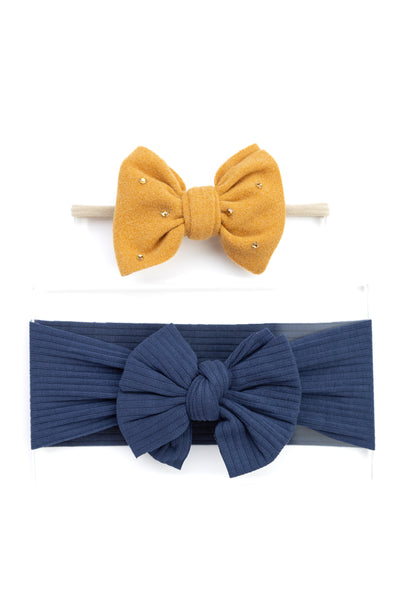 Girls Faux Suede Oversized Bow Headband & Headwrap Set- Orange & Dark Blue