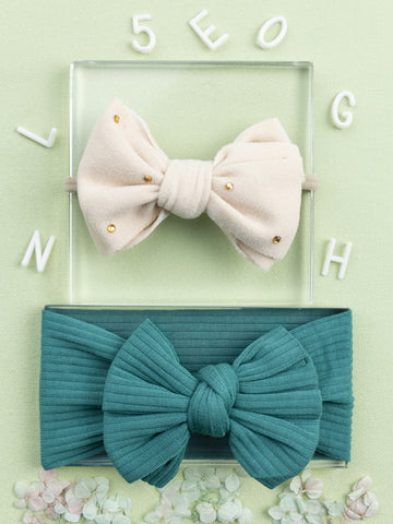 Girls Faux Suede Oversized Bow Headband & Headwrap Set- Off White & Teal