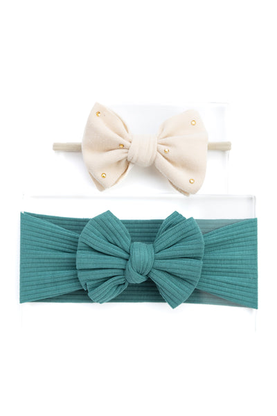 Girls Faux Suede Oversized Bow Headband & Headwrap Set- Off White & Teal