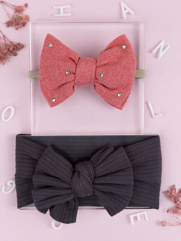 Girls Faux Suede Oversized Bow Headband & Headwrap Set- Pink & Gray