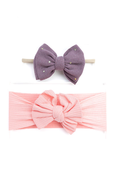 Girls Faux Suede Oversized Bow Headband & Headwrap Set- Purple & Light Pink