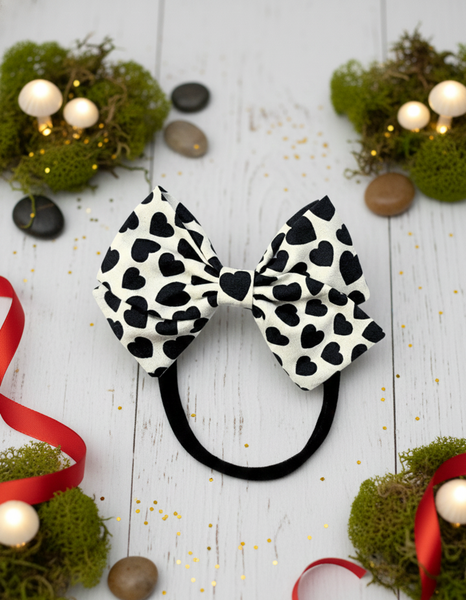 Heart Print Bow Headband- White