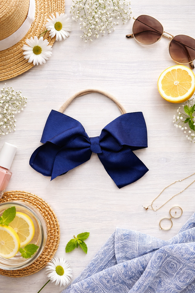 Chic Ribbon Bow Headband- Navy Blue