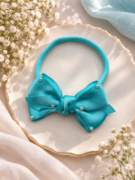Girls Ribbon Pearl Bow Headband- Blue