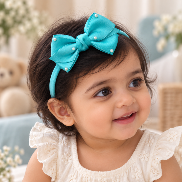 Girls Ribbon Pearl Bow Headband- Blue
