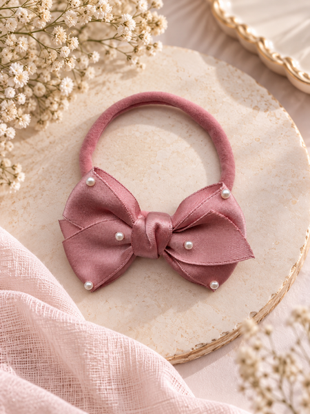 Girls Ribbon Pearl Bow Headband- Dusk Rose