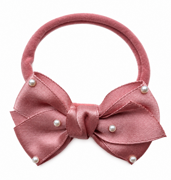 Girls Ribbon Pearl Bow Headband- Dusk Rose