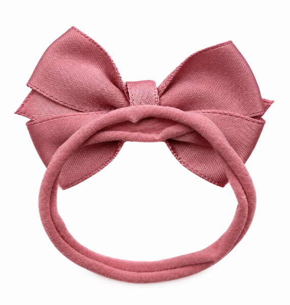 Girls Ribbon Pearl Bow Headband- Dusk Rose