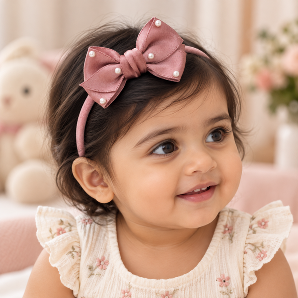 Girls Ribbon Pearl Bow Headband- Dusk Rose